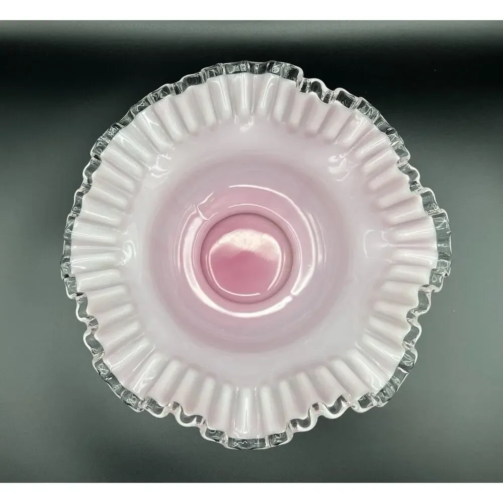 Fenton Silver Crest White w Pink Cased Glass Bride’s Basket Bowl 10.5” Vintage